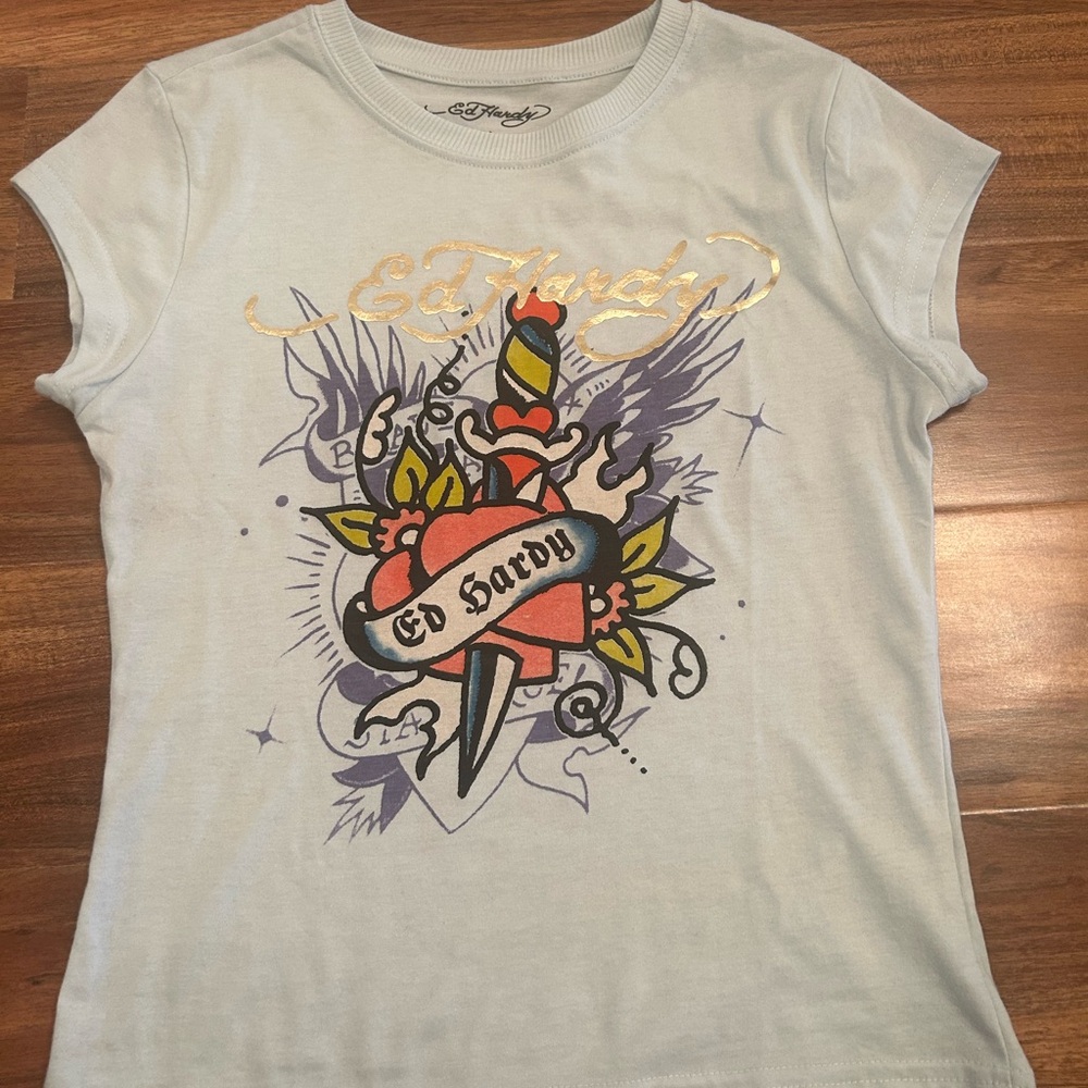 Ed Hardy Blue Short Sleeve Tee with Artistic Graphics - Picture 3 of 4